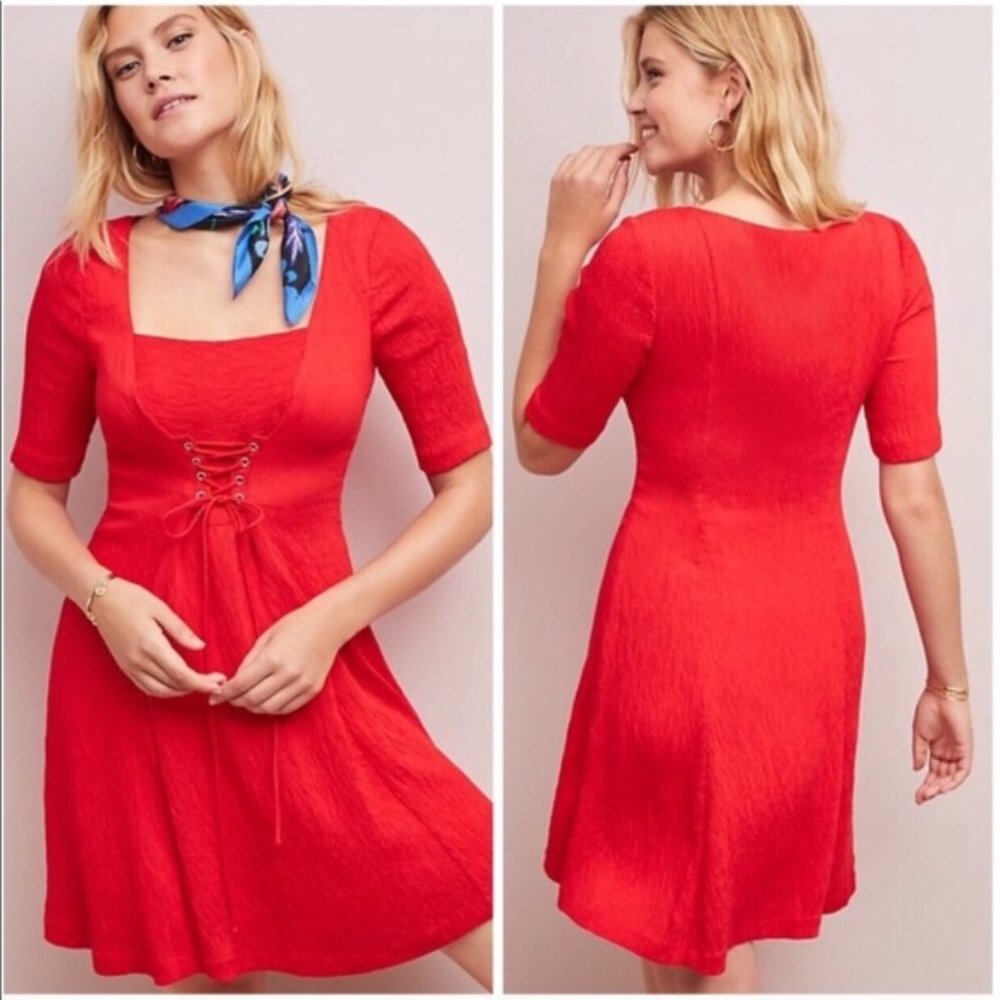 Anthropologie Maeve Red Corset Front Flare Dress
